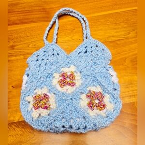 Handcrafted Blue Crochet Bag, lined, with Floral Accents. Never used.